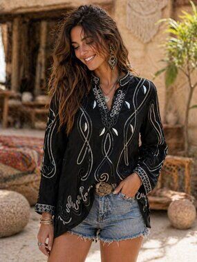 ONCE AGAIN Women's Black Tunic Top Metallic Soutache Detail Size M 3/4 Sleeve